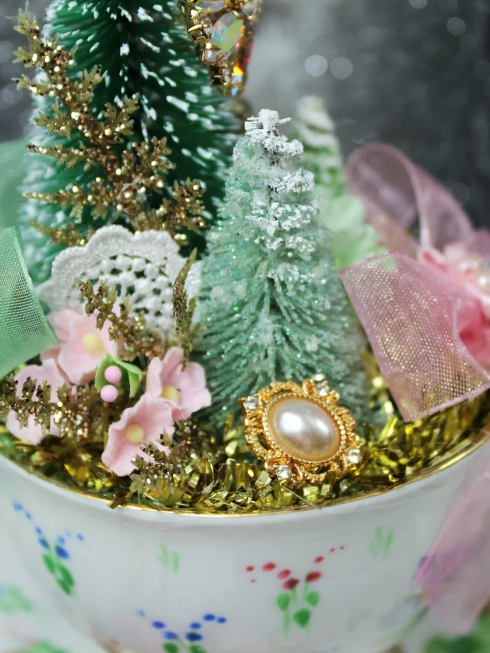 Teacup Christmas Tree Assemblage: Shabby Chic Pink Holiday Decor